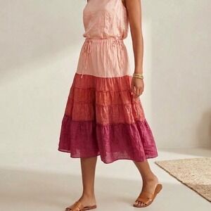 Chan Luu Pink Orange Tiered Colorblock Crinkle Midi Skirt Size L NWT
